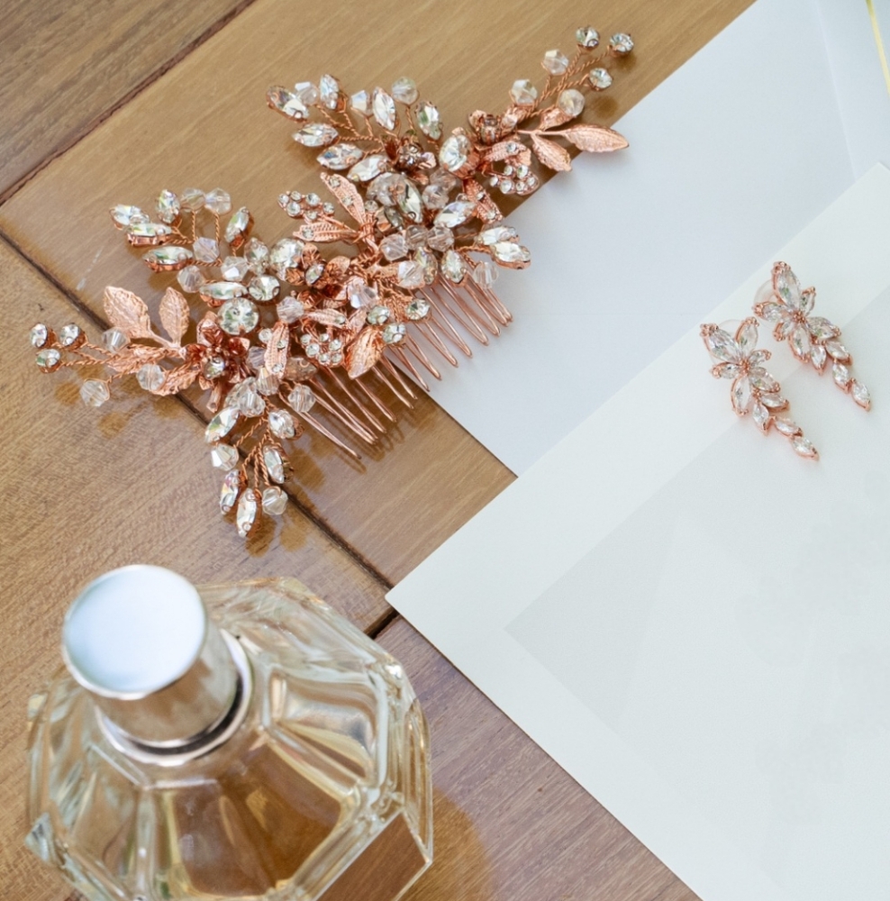 Elegant Rose Gold Hair Comb and Earrings Set